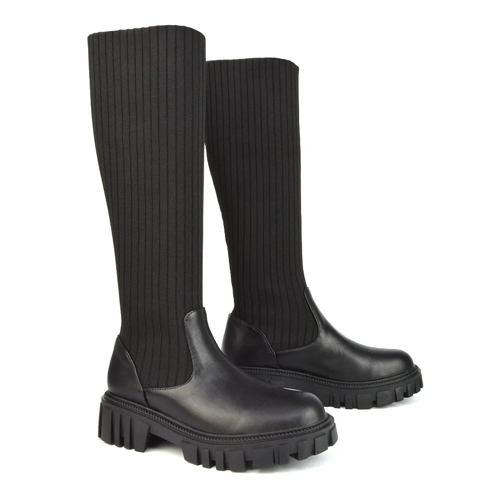 Kirsty Knitted Sock Knee High Boots with Chunky Sole in Black Synthetic Leather