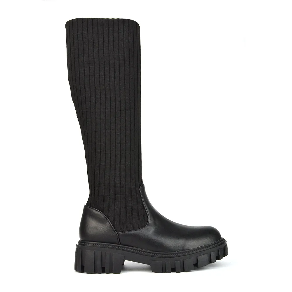 Kirsty Knitted Sock Knee High Boots with Chunky Sole in Black Synthetic Leather