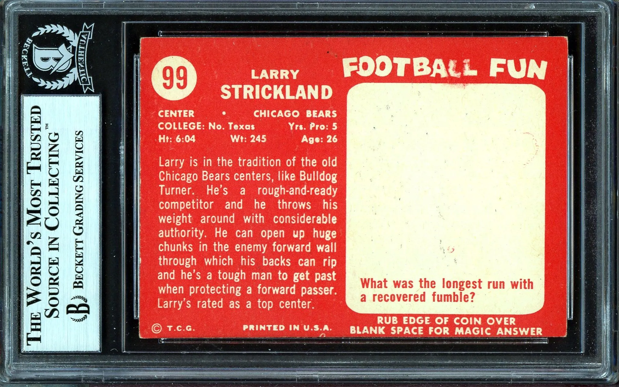 Larry Strickland Autographed 1958 Topps Card #99 Chicago Bears Beckett BAS #13608440