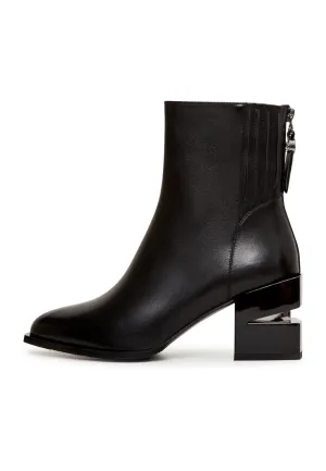 Leather Block Heel Ankle Boots - Black