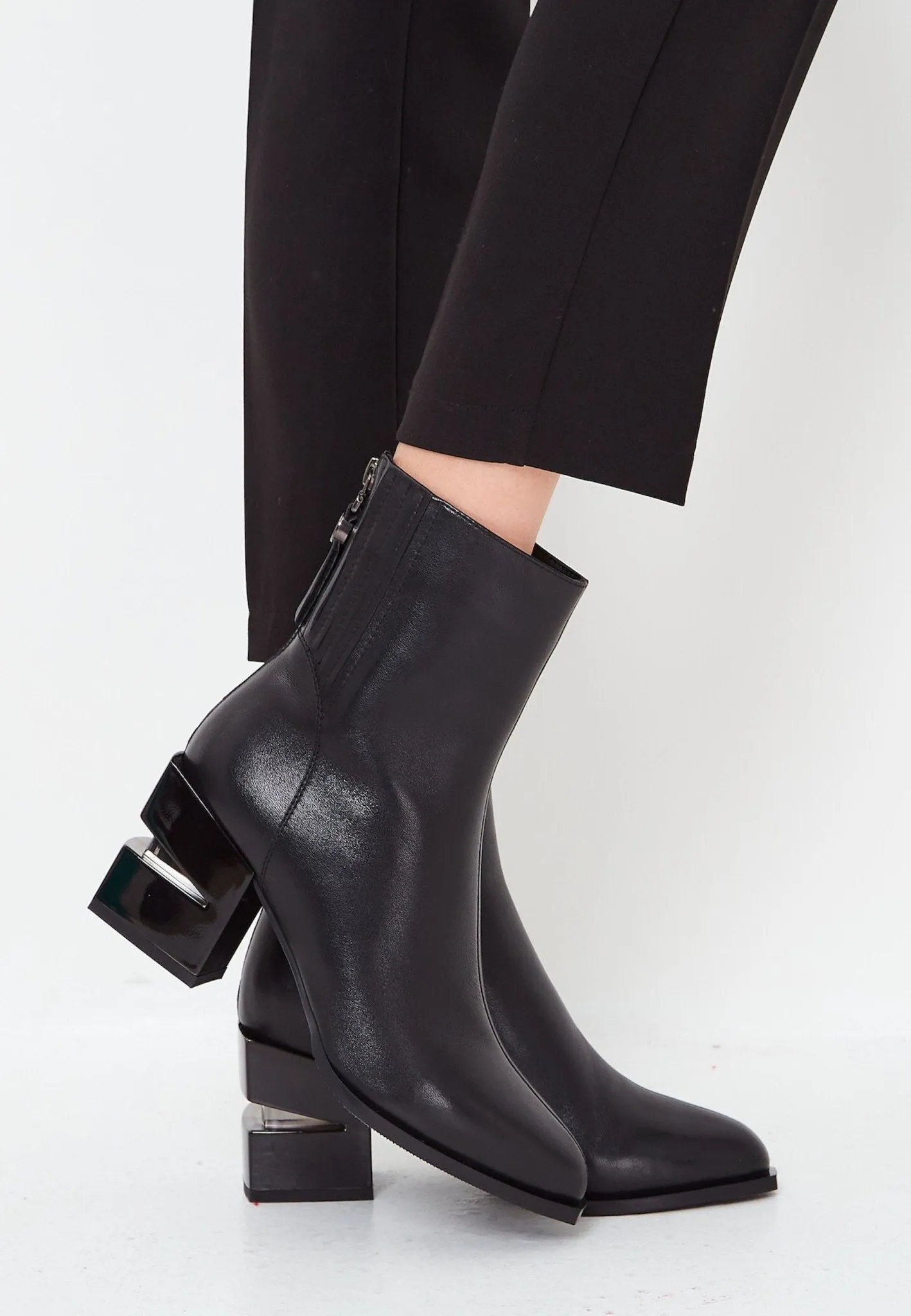 Leather Block Heel Ankle Boots - Black