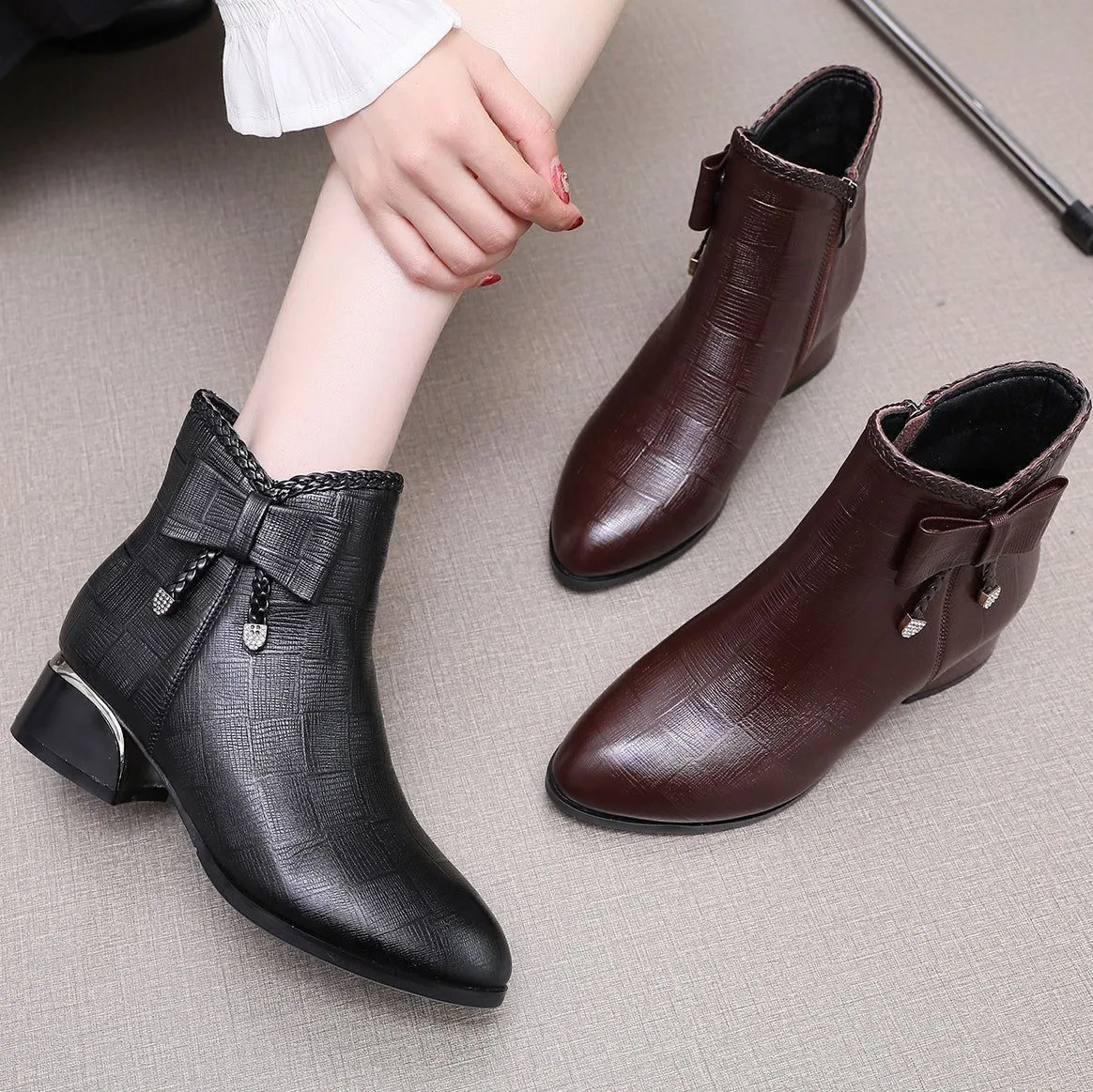 Leather Thick Heels Women's Casual Shoes GRCL0336 Short Ankle Boots