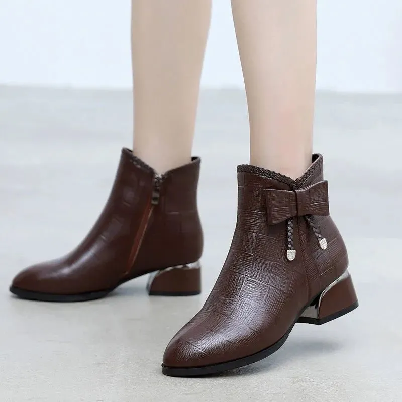 Leather Thick Heels Women's Casual Shoes GRCL0336 Short Ankle Boots