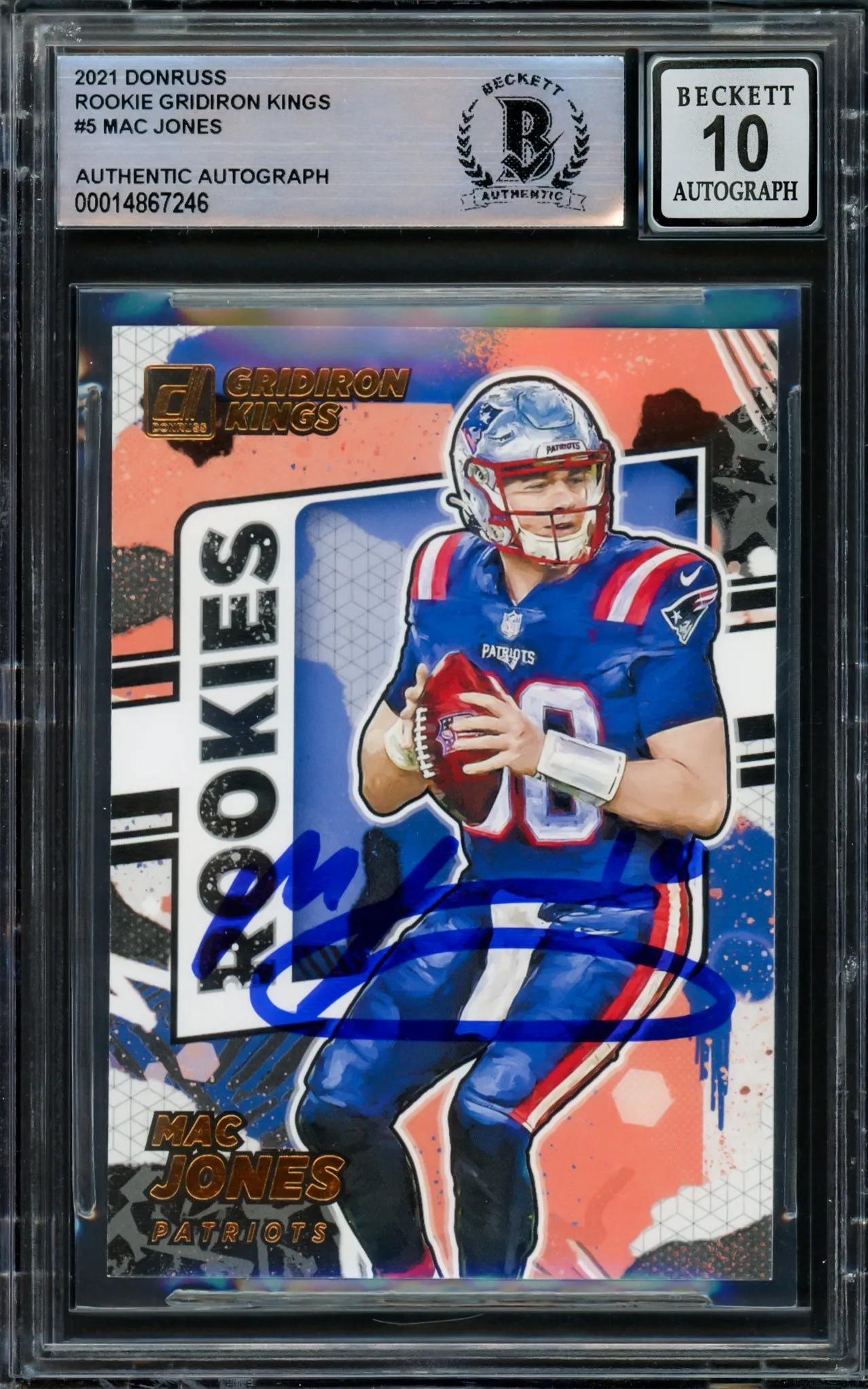 Mac Jones Autographed 2021 Donruss Gridiron Kings Rookie Card #RGK-MJO New England Patriots Auto Grade Gem Mint 10 Beckett BAS #14867246