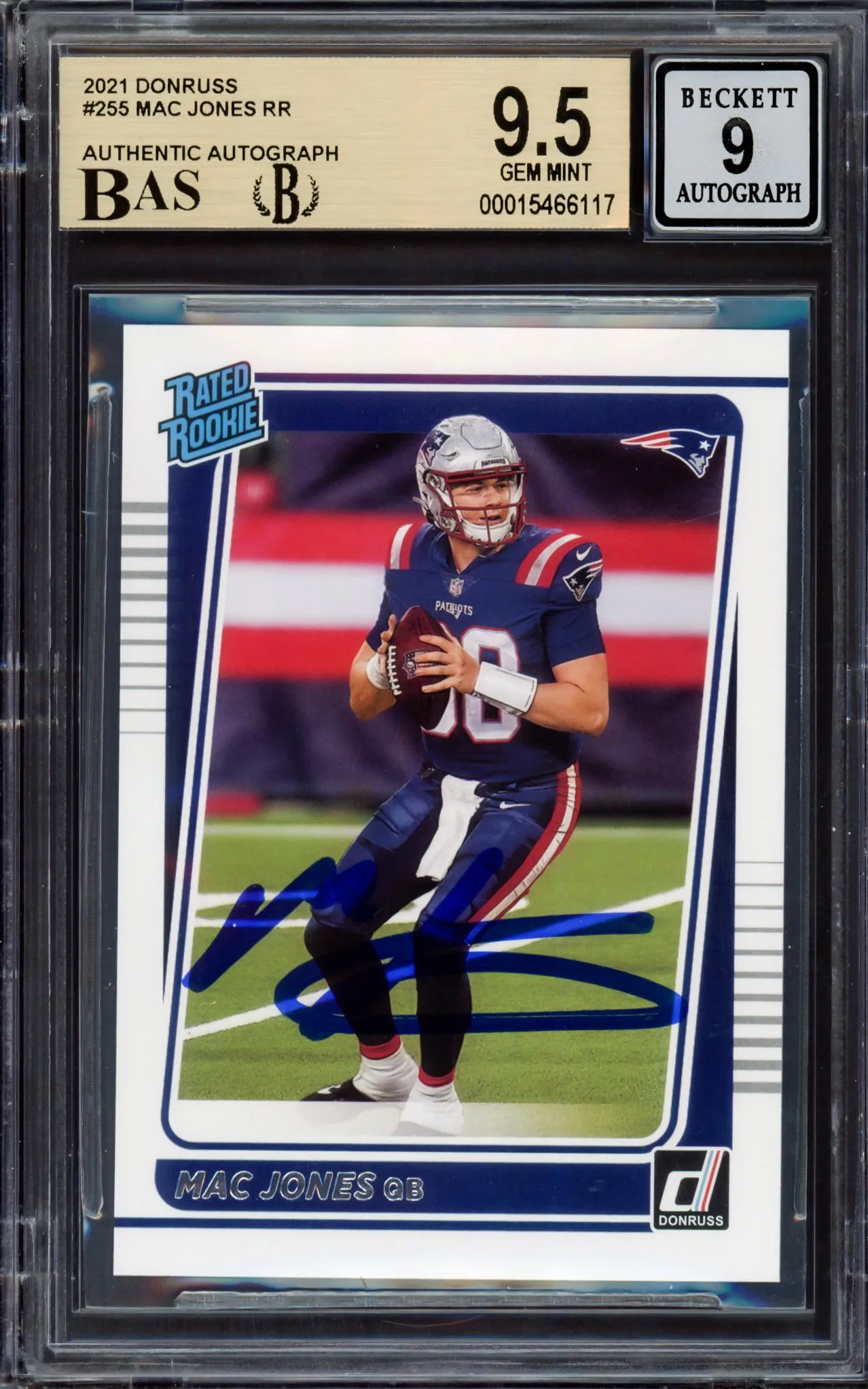 Mac Jones Autographed 2021 Donruss Rated Rookie Card #255 New England Patriots BGS 9.5 Auto Grade Mint 9 Beckett BAS #15466117