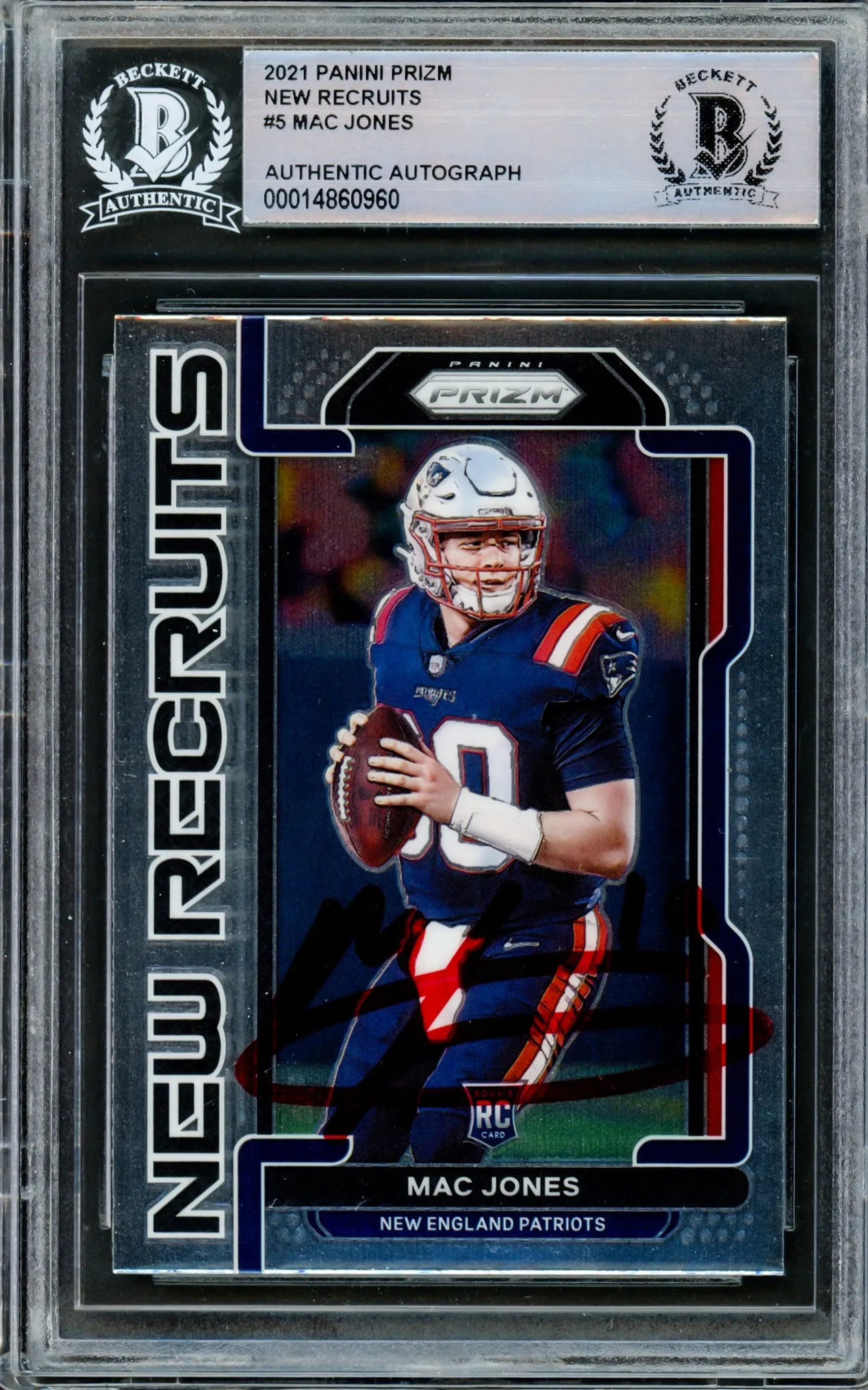 Mac Jones Autographed 2021 Panini Prizm New Recruits Rookie Card #NR-5 New England Patriots Beckett BAS #14860960