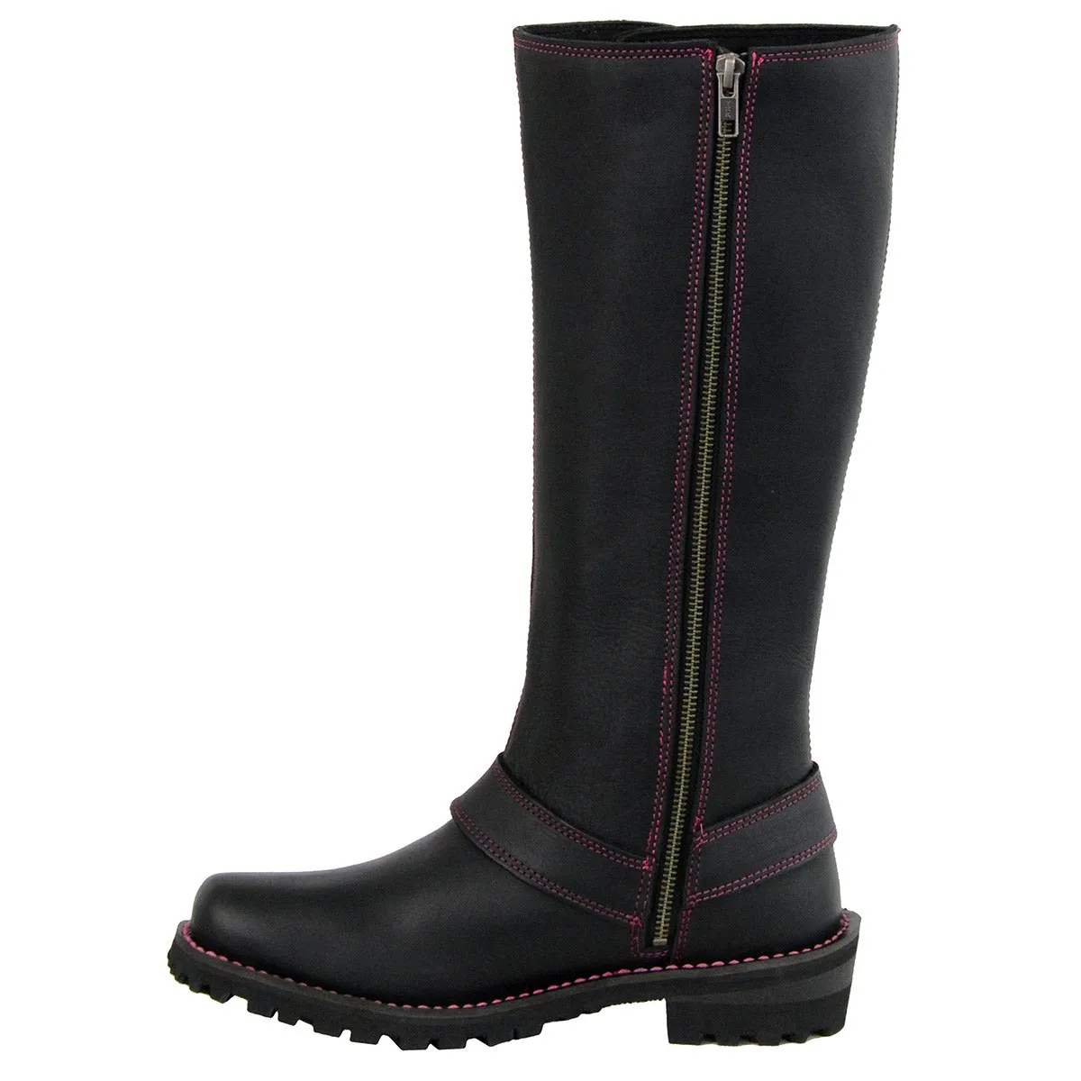 Milwaukee Leather MBL9367 Women's Black 14-inch Leather Harness Boots with Fuchsia Accent Lacing