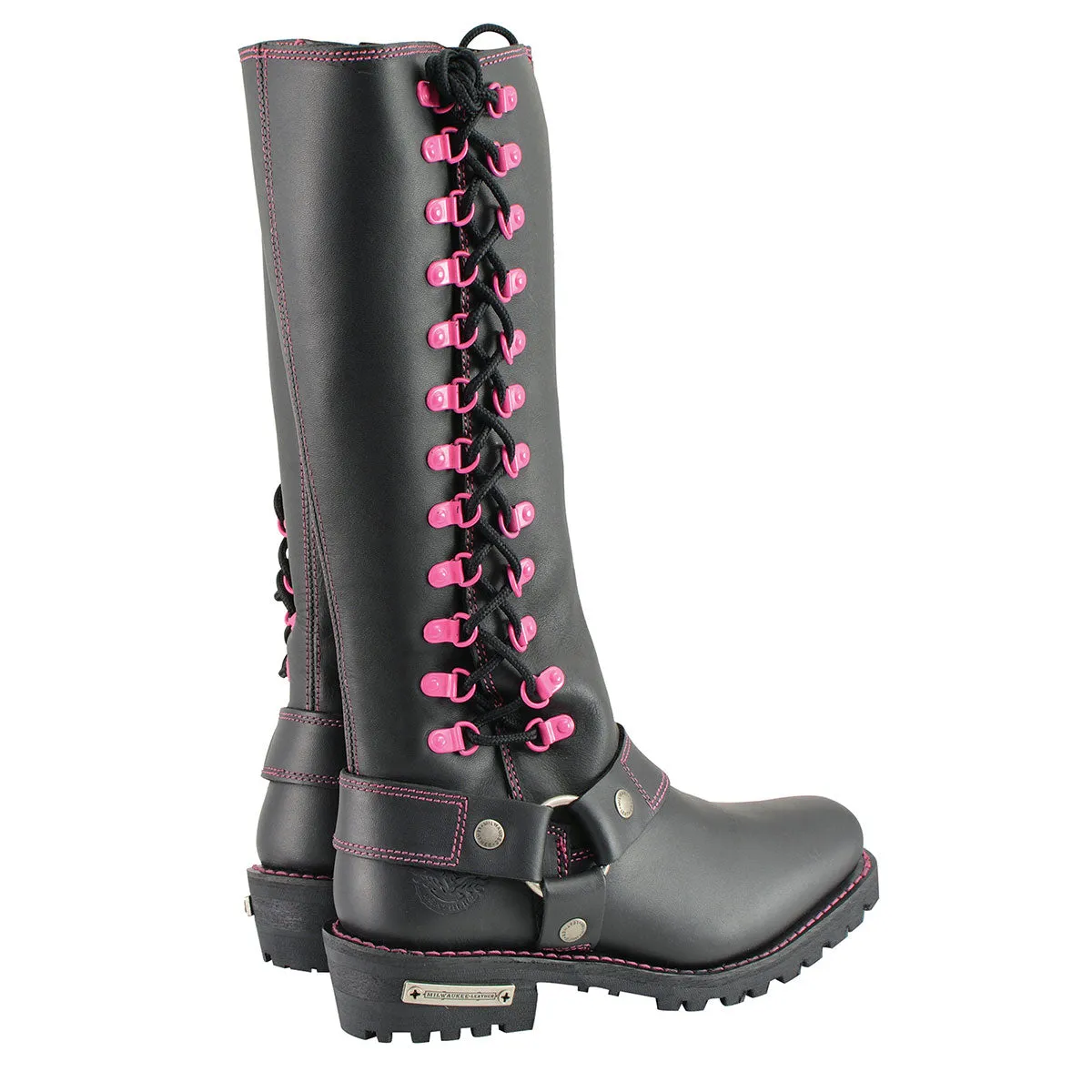 Milwaukee Leather MBL9367 Women's Black 14-inch Leather Harness Boots with Fuchsia Accent Lacing