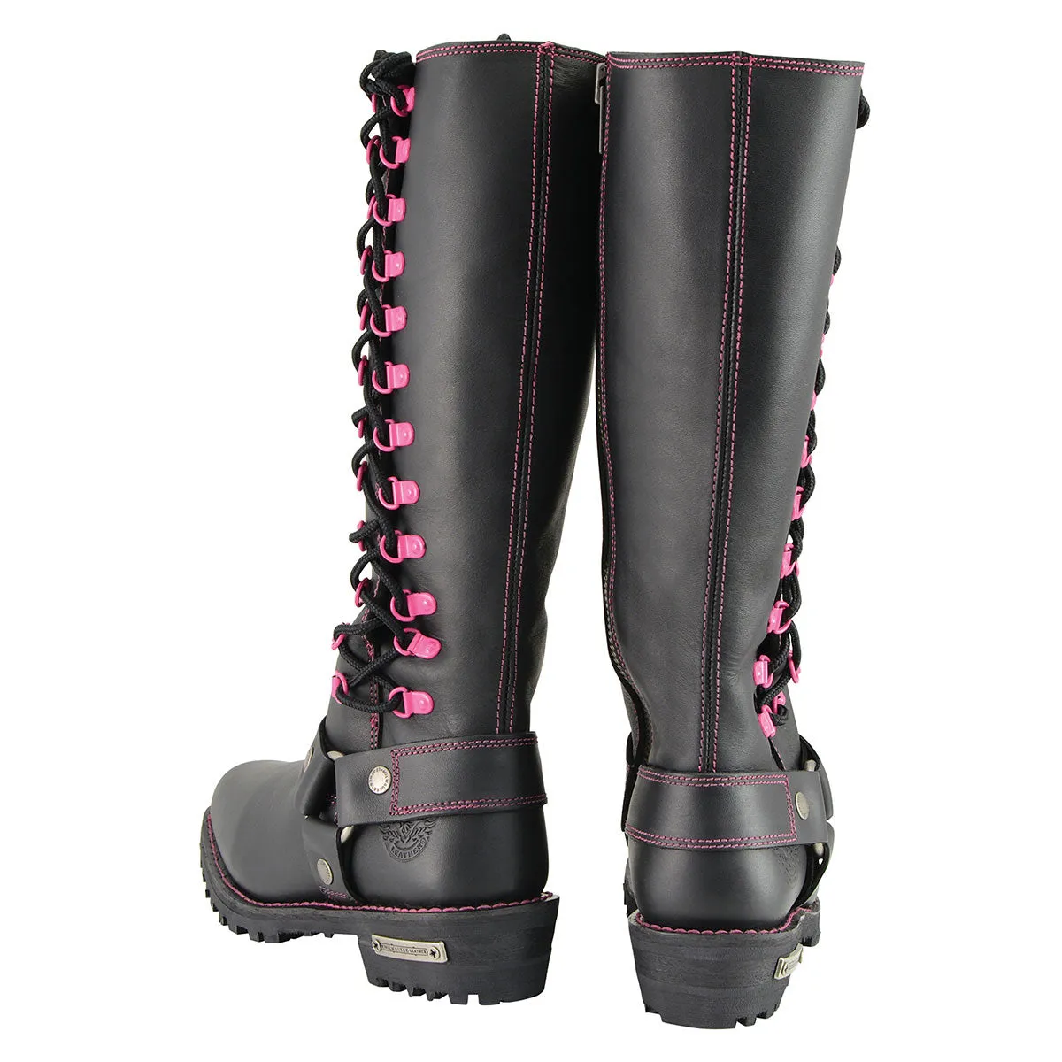 Milwaukee Leather MBL9367 Women's Black 14-inch Leather Harness Boots with Fuchsia Accent Lacing