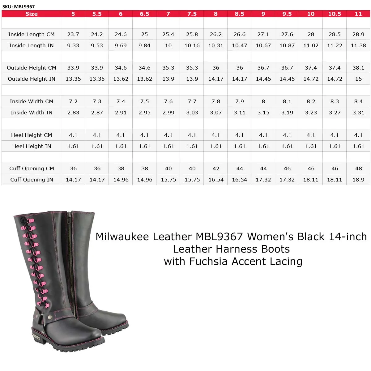 Milwaukee Leather MBL9367 Women's Black 14-inch Leather Harness Boots with Fuchsia Accent Lacing