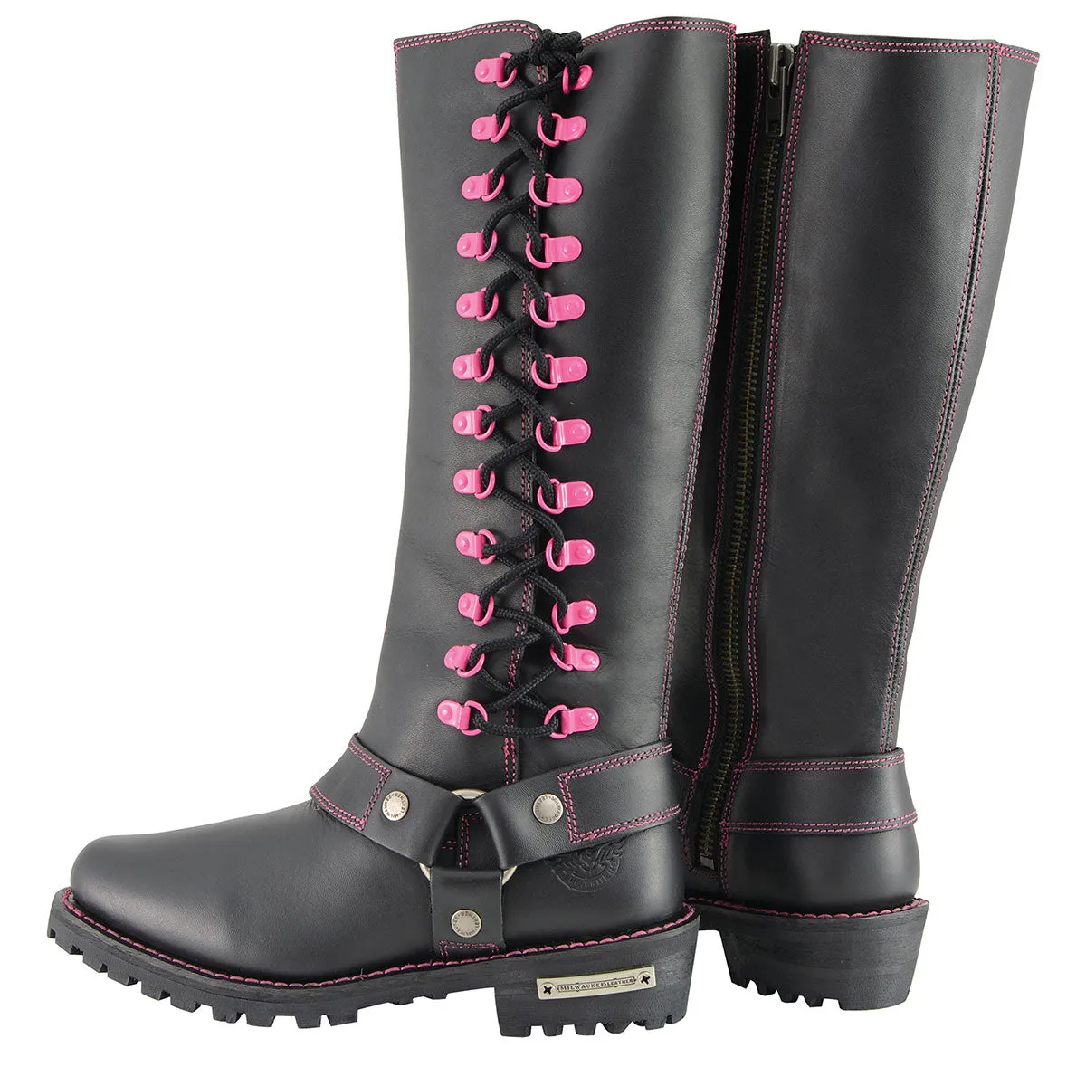 Milwaukee Leather MBL9367 Women's Black 14-inch Leather Harness Motorcycle Boots with Fuchsia Accent Lacing