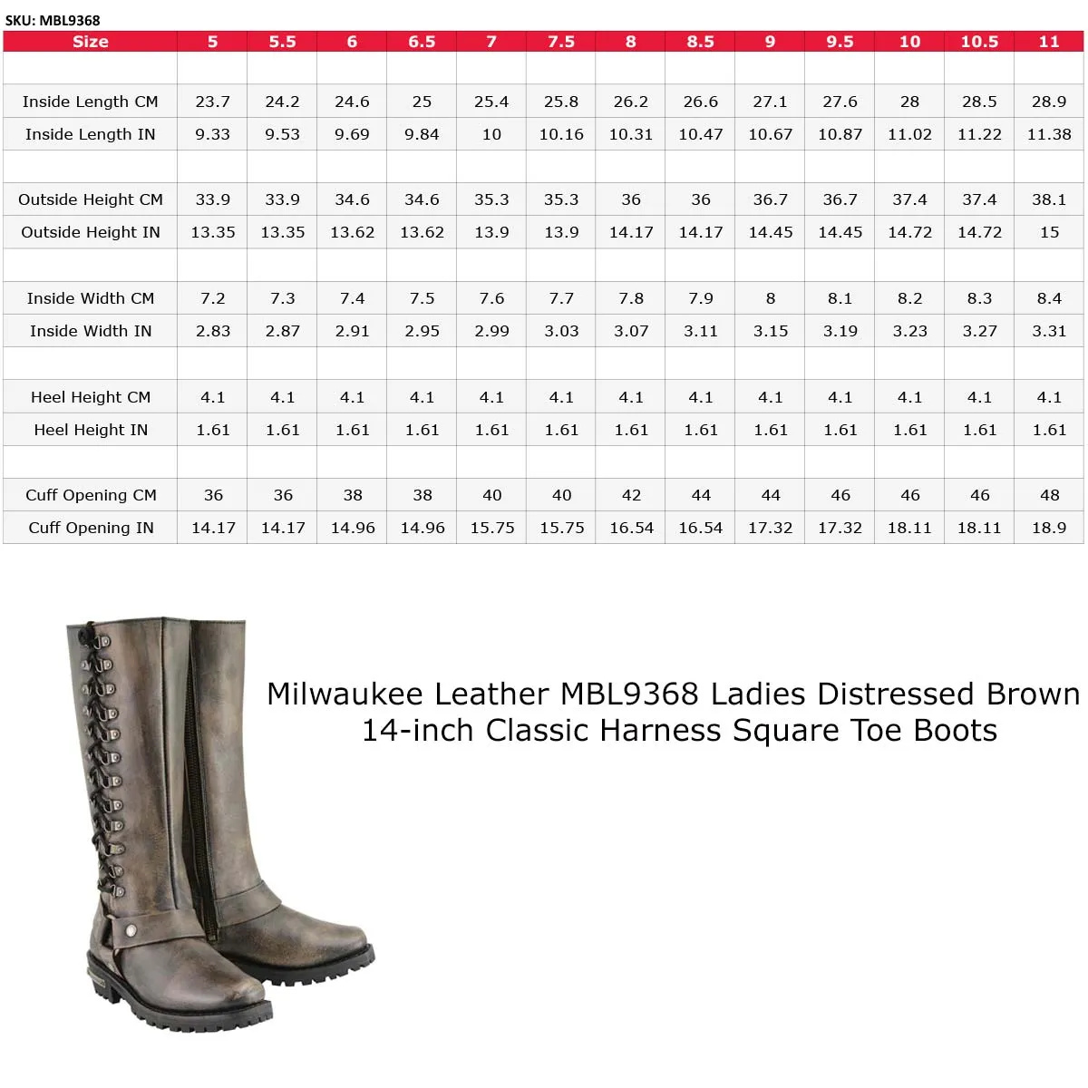 Milwaukee Leather MBL9368 Women's Distressed Brown 14-inch Classic Harness Square Toe Leather Boots