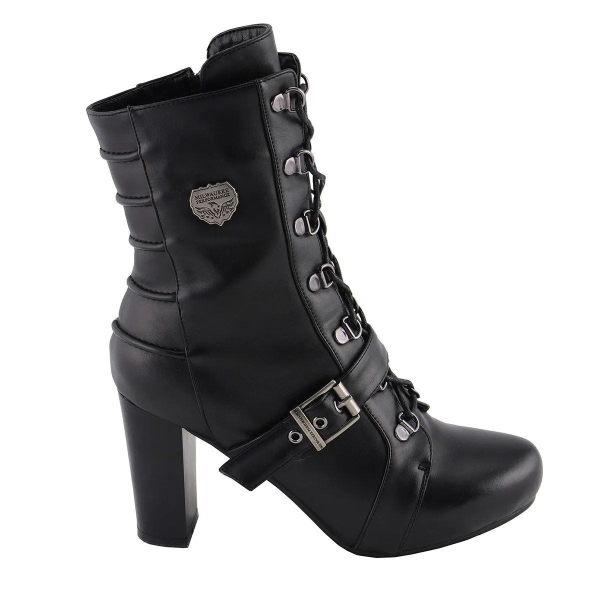 Milwaukee Leather MBL9431 Women's Black Lace-Up Boots with Block Heel and Buckle Strap