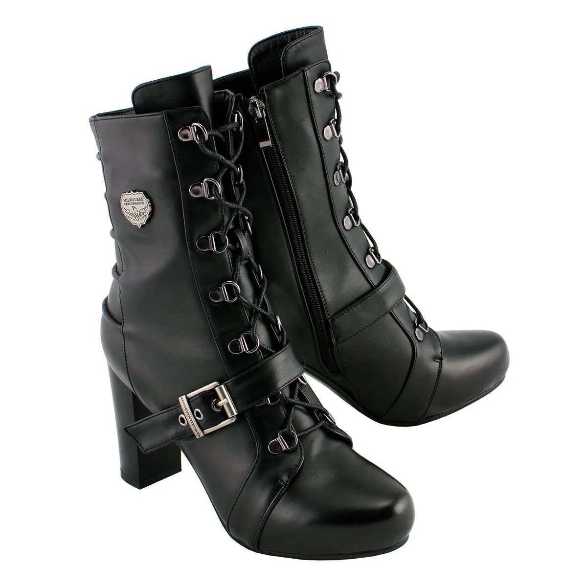 Milwaukee Leather MBL9431 Women's Black Lace-Up Boots with Block Heel and Buckle Strap