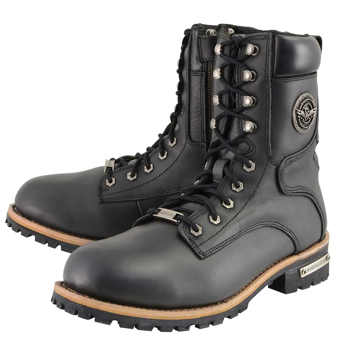 Milwaukee Leather Men's Classic Black Leather Wide Width Lace-Up Logger Boots w/ Side Zipper MBM9095W