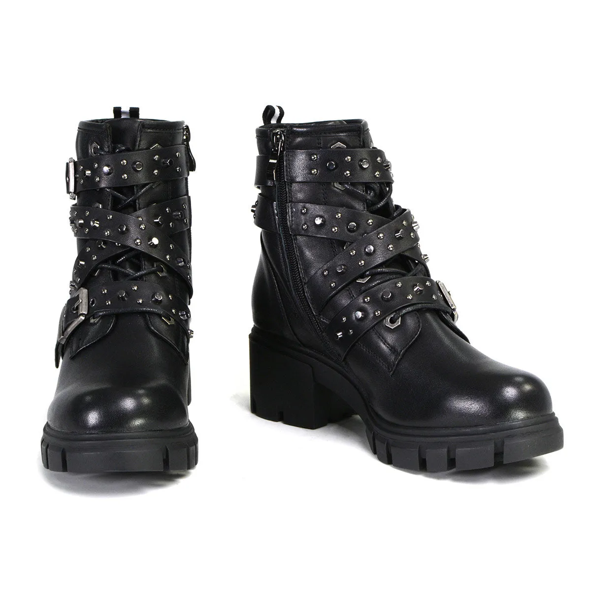 Milwaukee Leather Women's Bruiser Premium Black Leather Lace-Up Fashion Boots with Studded Straps MBL9444