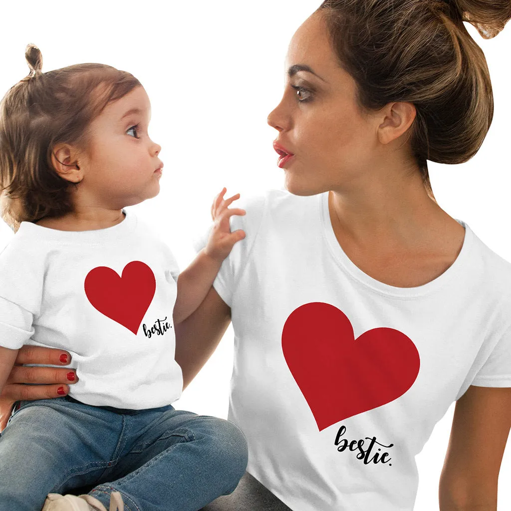 Mommy and Me Short Sleeves Shirts Love Heart Printed T-Shirt Tops Blouse Mother Daughter Matching Clothes Outfits