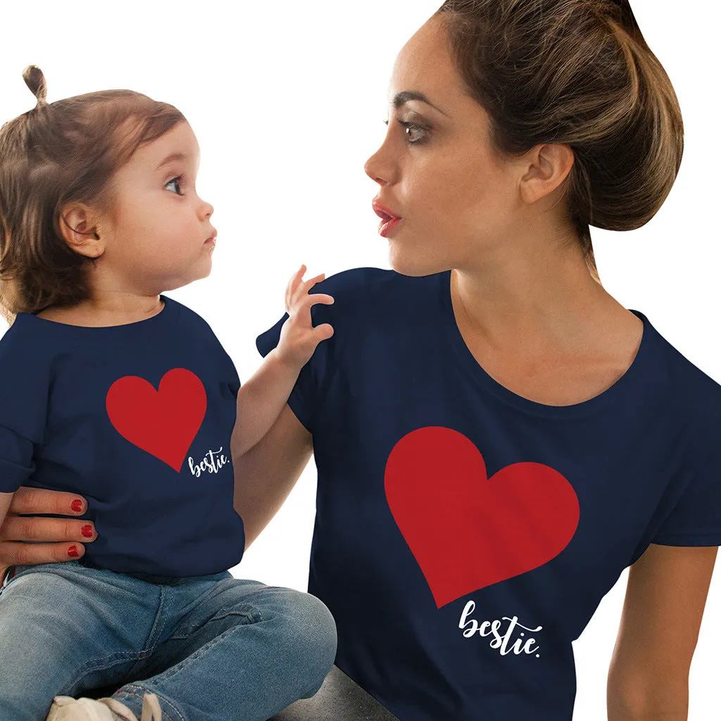 Mommy and Me Short Sleeves Shirts Love Heart Printed T-Shirt Tops Blouse Mother Daughter Matching Clothes Outfits