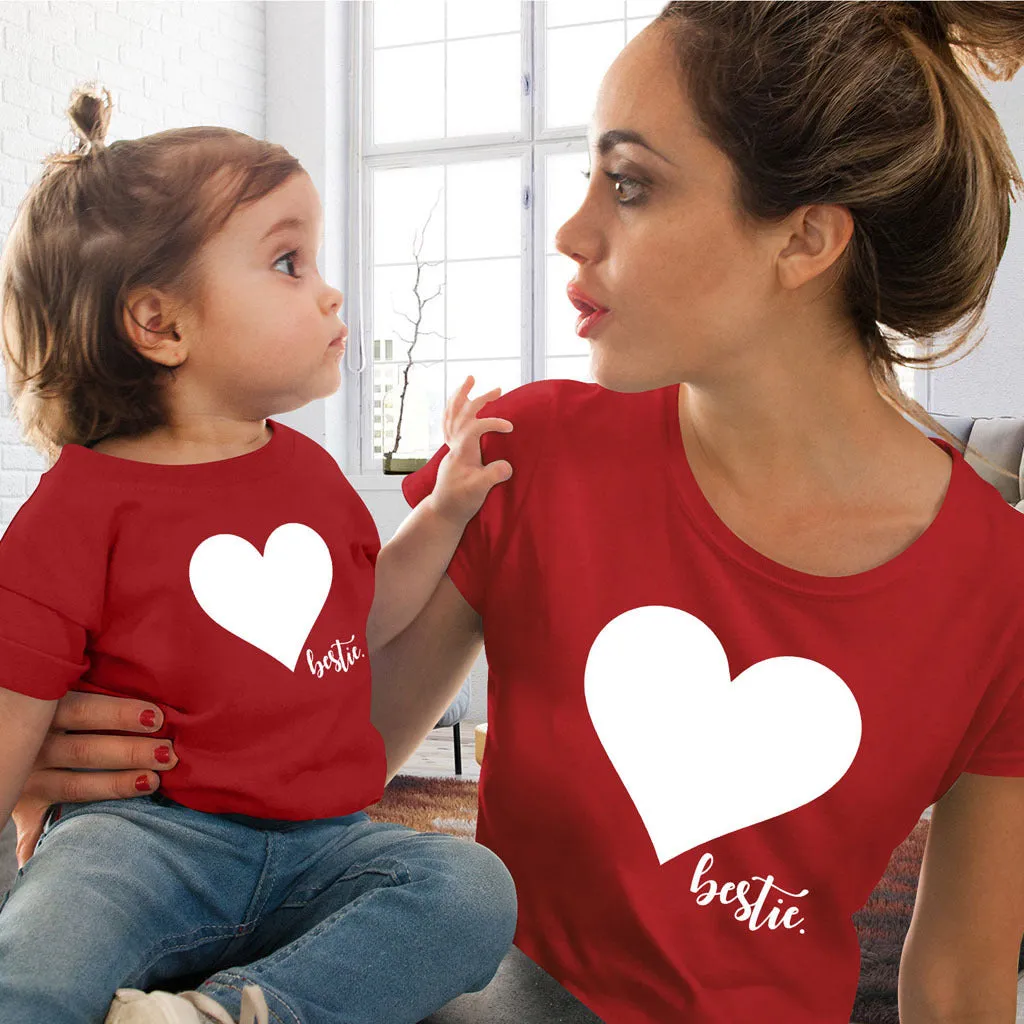 Mommy and Me Short Sleeves Shirts Love Heart Printed T-Shirt Tops Blouse Mother Daughter Matching Clothes Outfits