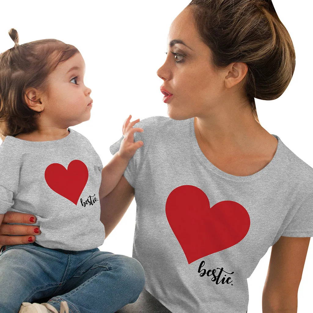 Mommy and Me Short Sleeves Shirts Love Heart Printed T-Shirt Tops Blouse Mother Daughter Matching Clothes Outfits