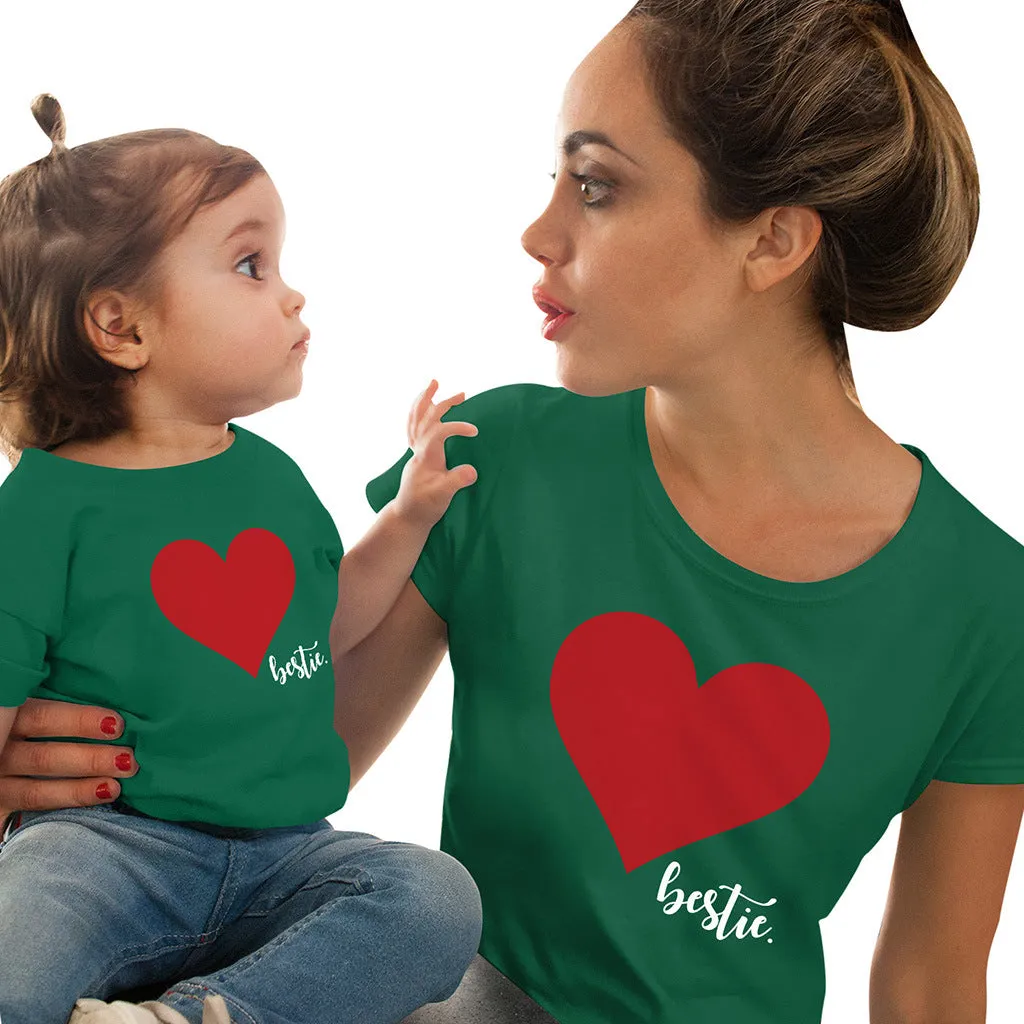 Mommy and Me Short Sleeves Shirts Love Heart Printed T-Shirt Tops Blouse Mother Daughter Matching Clothes Outfits