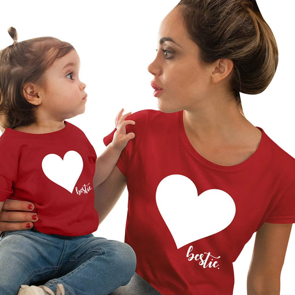 Mommy and Me Short Sleeves Shirts Love Heart Printed T-Shirt Tops Blouse Mother Daughter Matching Clothes Outfits