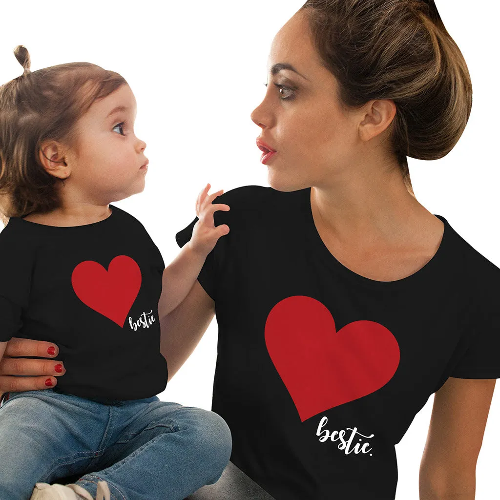 Mommy and Me Short Sleeves Shirts Love Heart Printed T-Shirt Tops Blouse Mother Daughter Matching Clothes Outfits