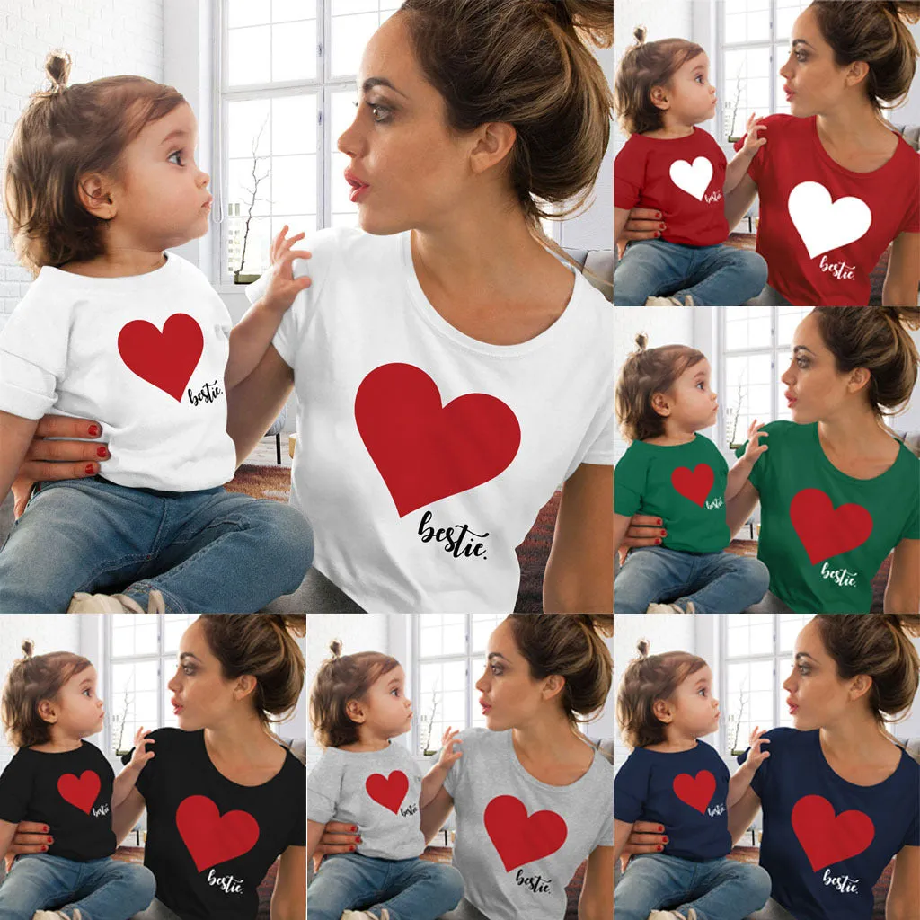 Mommy and Me Short Sleeves Shirts Love Heart Printed T-Shirt Tops Blouse Mother Daughter Matching Clothes Outfits