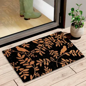 OnlyMat Bird and Leaf Printed Natural Coir Black Doormat