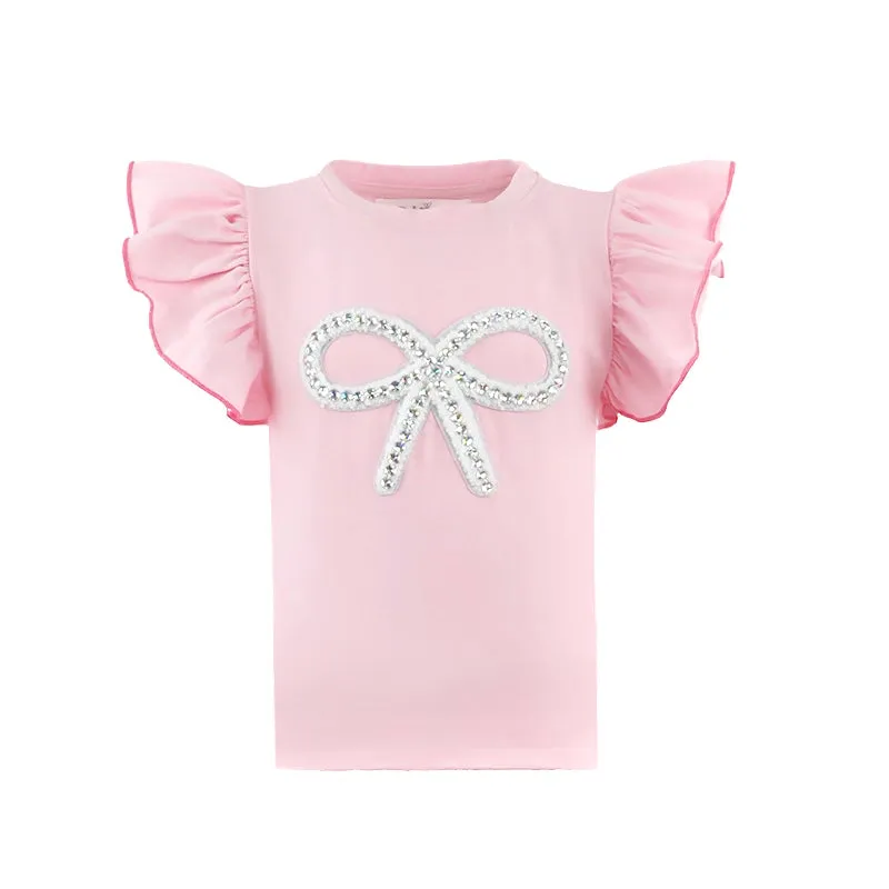 Pink Bow Ruffle & Rhinestone Tee