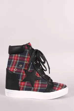 Plaid Star Accent Lace-Up High Top Wedge Sneaker