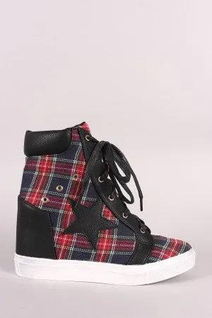 Plaid Star Accent Lace-Up High Top Wedge Sneaker