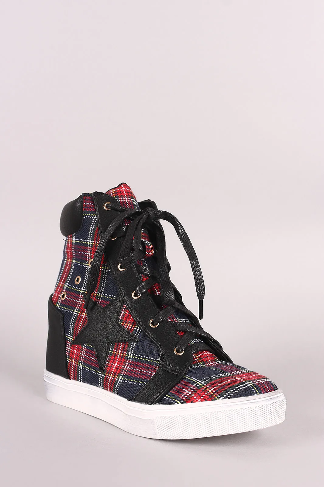 Plaid Star Accent Lace-Up High Top Wedge Sneaker