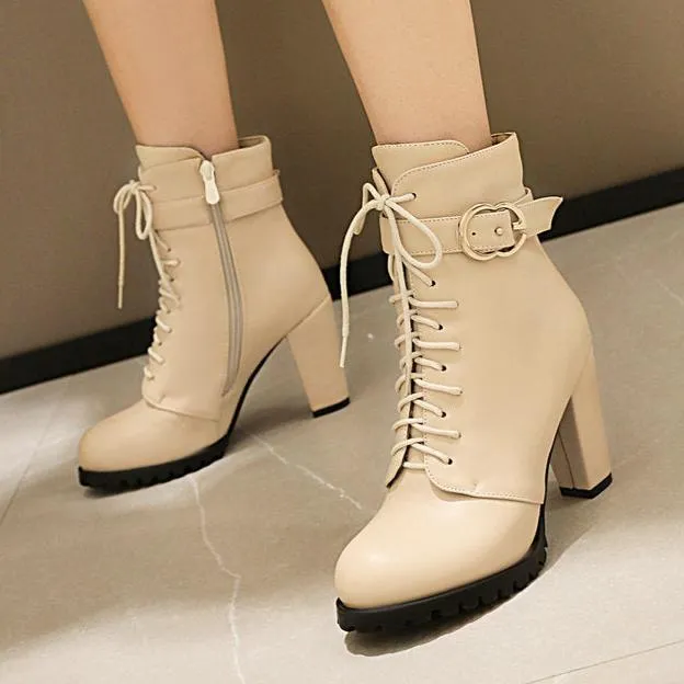 Plush lining chunky high heels combat booties