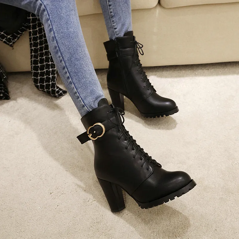 Plush lining chunky high heels combat booties