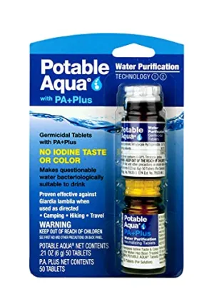 Potable Aqua Water Purification Tablets with PA Plus, Portable and Effective Solution for Camping, Hiking, Emergencies, Natural Disasters and International Travel, Two 50ct Bottles