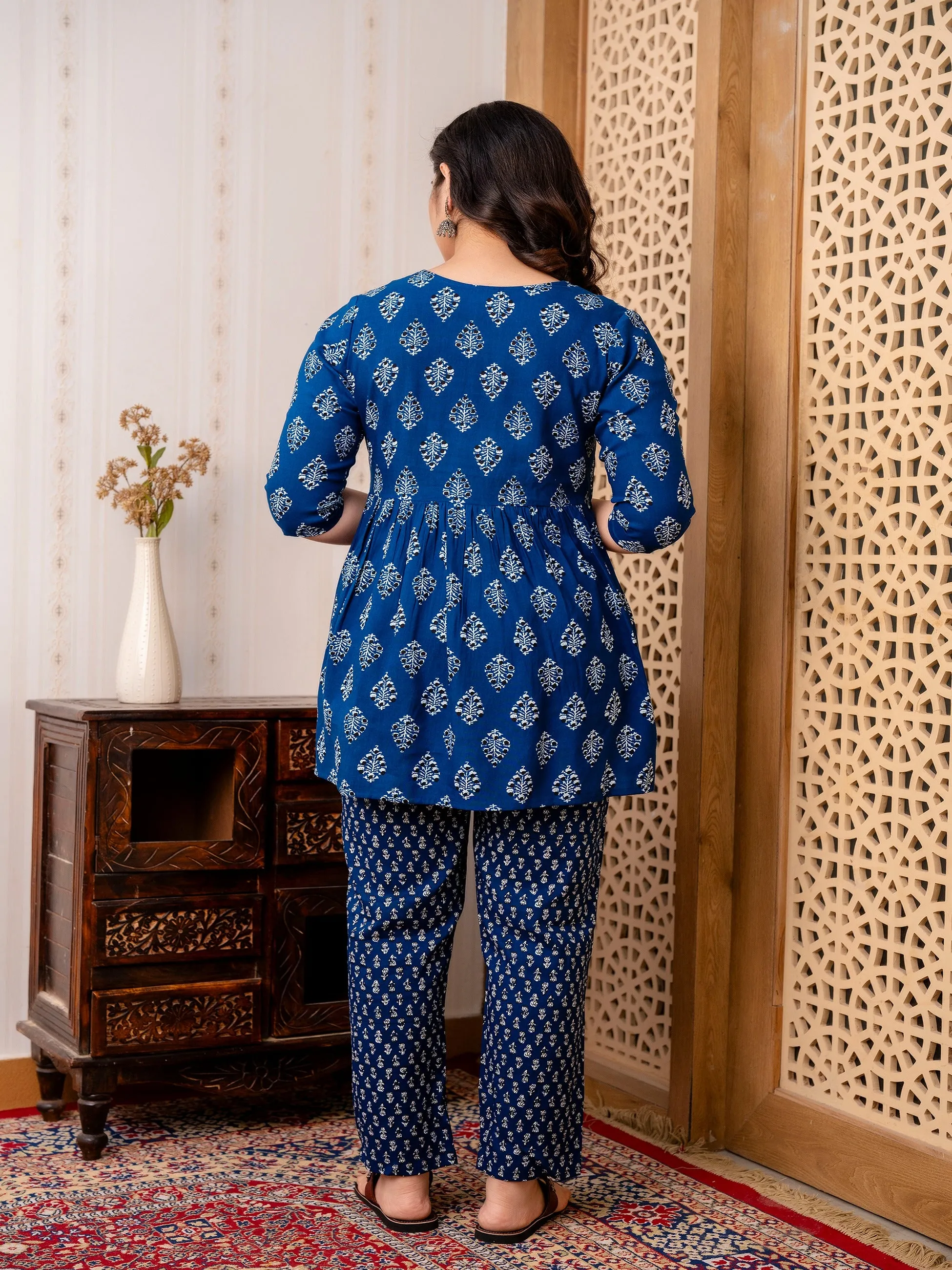 Pretty Blue Rayon Flared Maternity Kurta and Pant Set