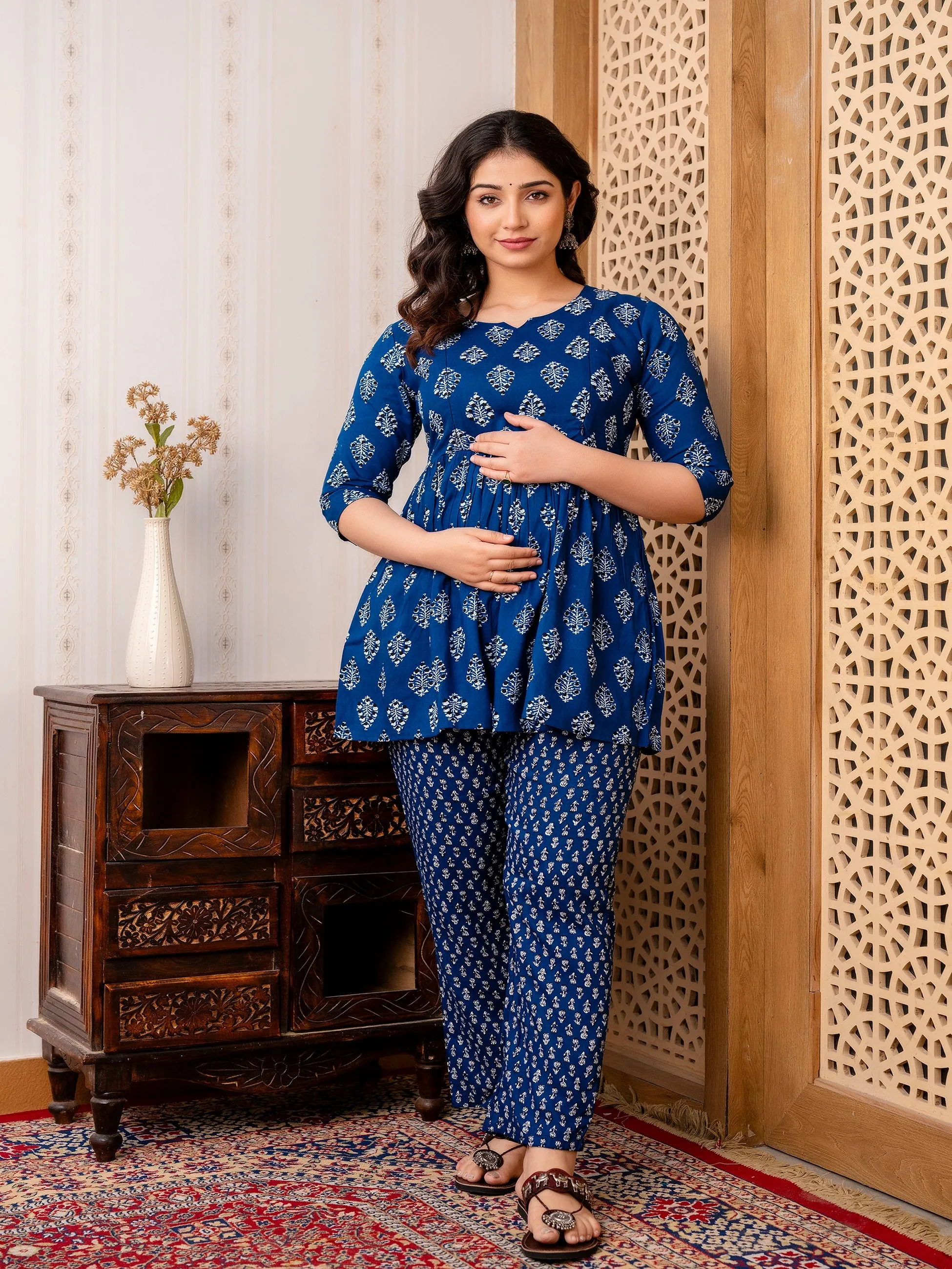 Pretty Blue Rayon Flared Maternity Kurta and Pant Set