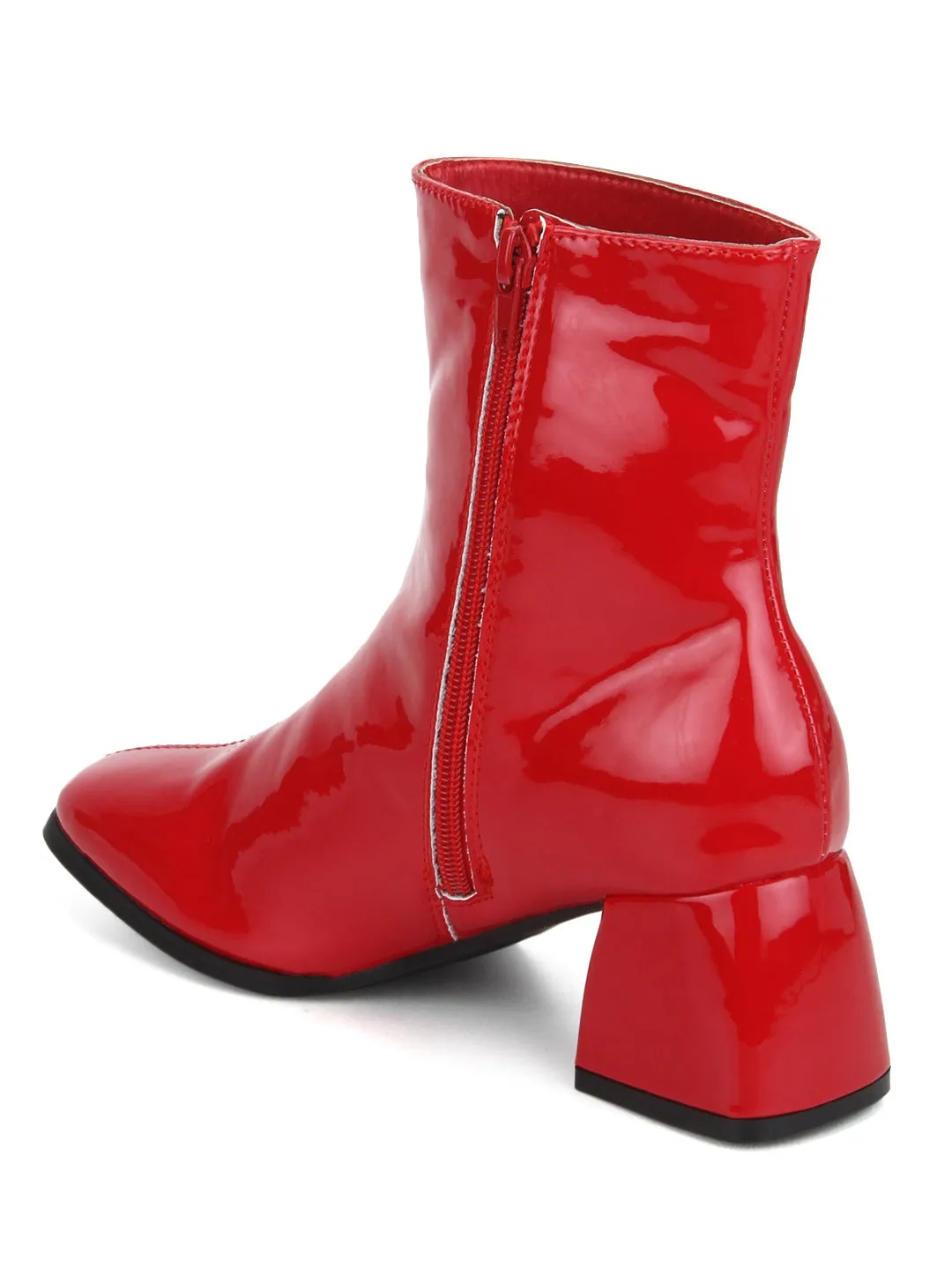 Red Patent Round Buckle Block Heel Ankle Boots