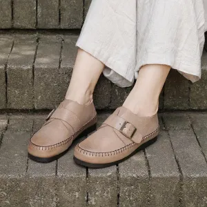 Retro Genuine Leather Soft Flats For Women Round Toe Buckle Design Apricot/Coffee