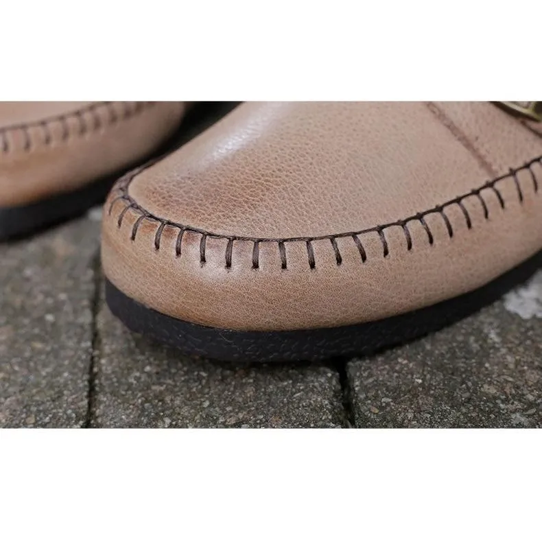 Retro Genuine Leather Soft Flats For Women Round Toe Buckle Design Apricot/Coffee