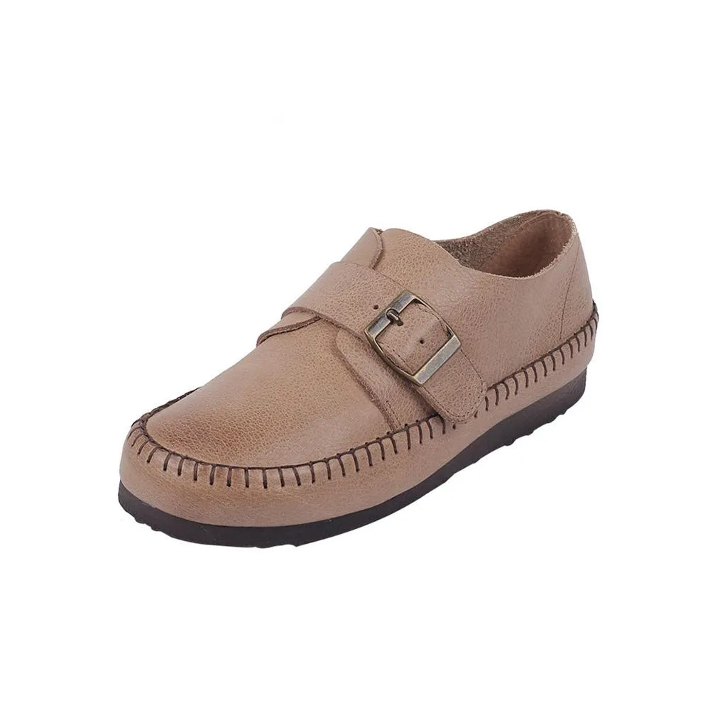 Retro Genuine Leather Soft Flats For Women Round Toe Buckle Design Apricot/Coffee