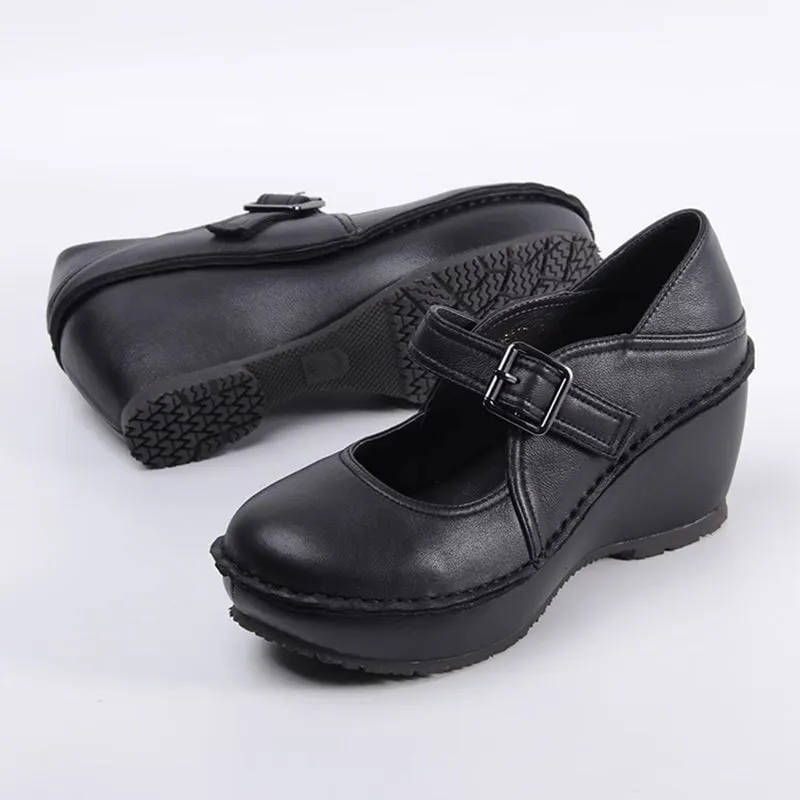 Retro Soft All Leather Platform Mary Jane Shoes In Gray/White/Black