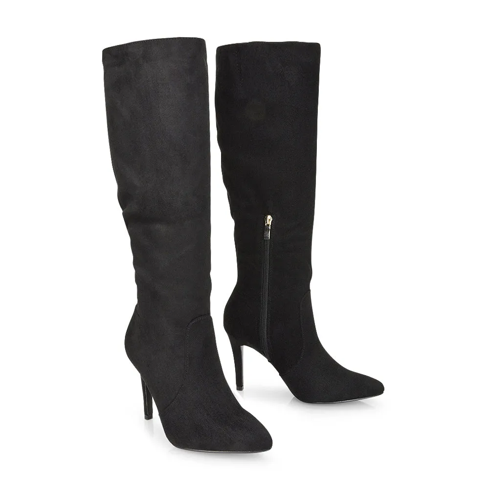 Savvy Pointed Toe Long Knee High Stiletto Heeled Boots in Black Faux Suede