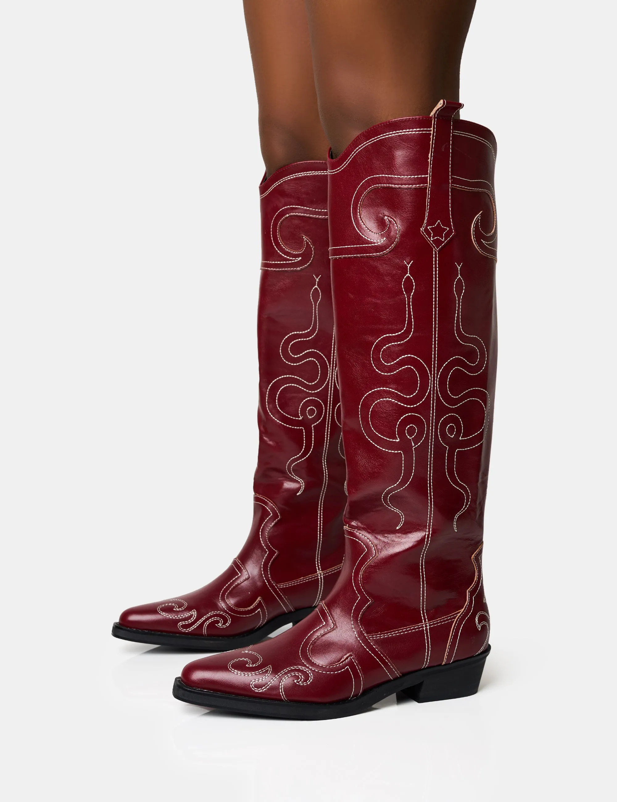 Serpentine Burgundy Wide Fit Snake Flat Knee High Western Boots