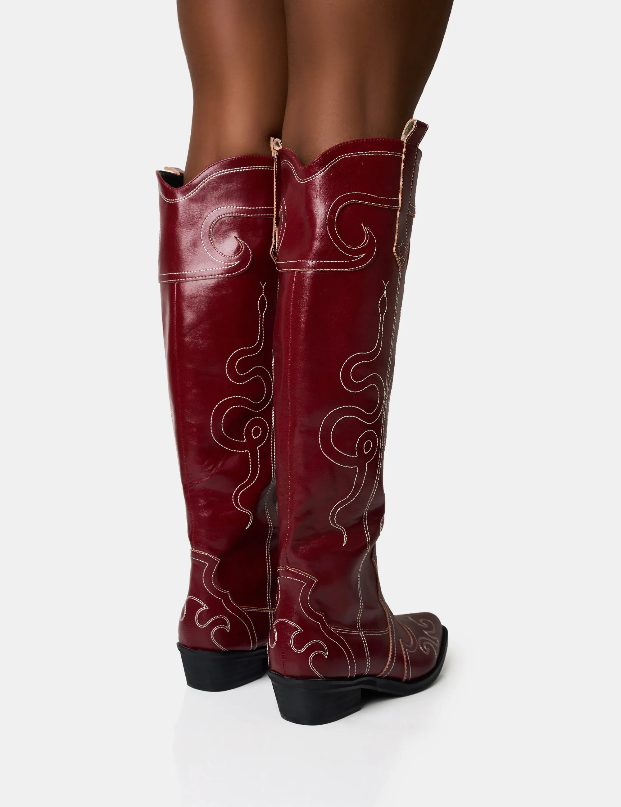 Serpentine Burgundy Wide Fit Snake Flat Knee High Western Boots