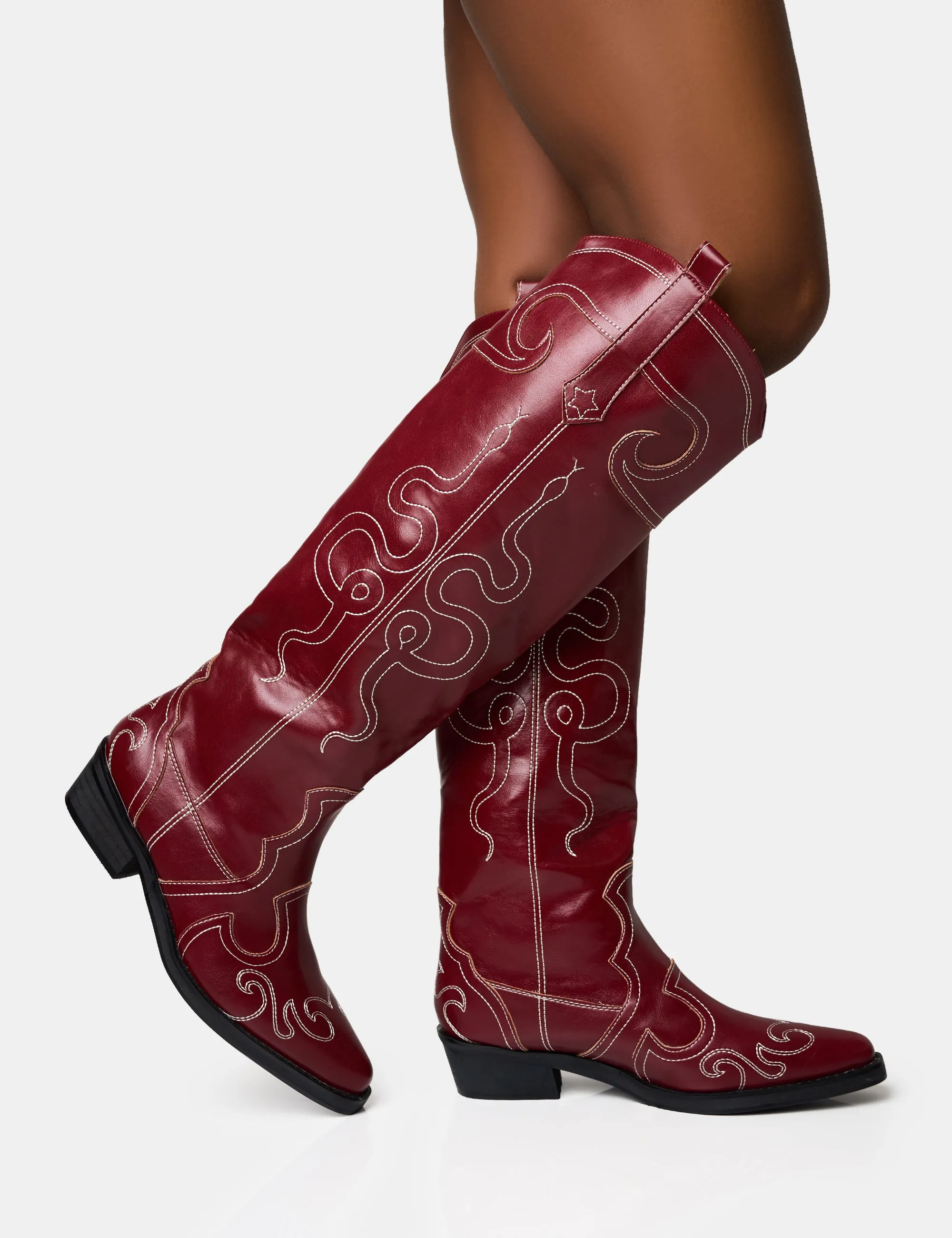 Serpentine Burgundy Wide Fit Snake Flat Knee High Western Boots