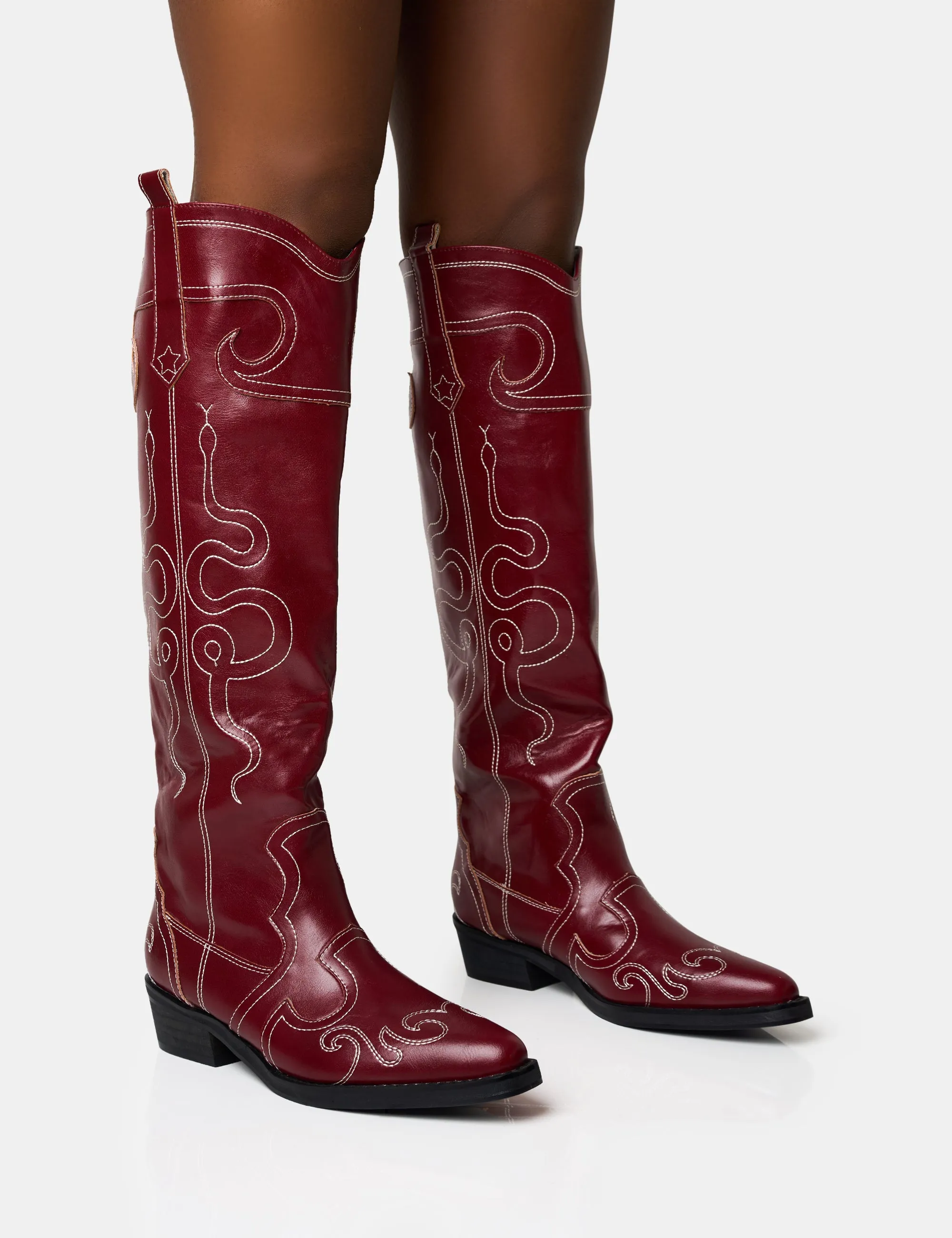 Serpentine Burgundy Wide Fit Snake Flat Knee High Western Boots