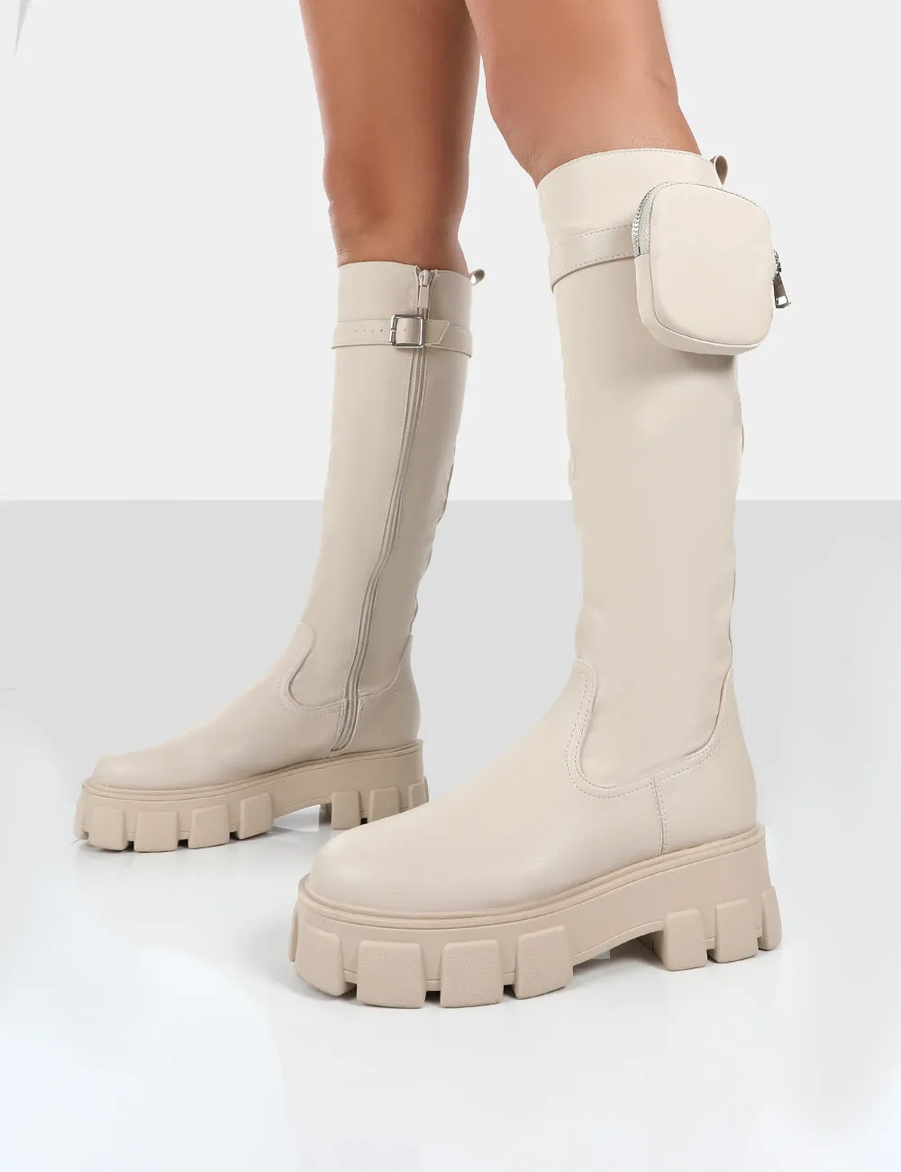 Showing Up Ecru PU Chunky Sole Pocket Detail Knee High Boots