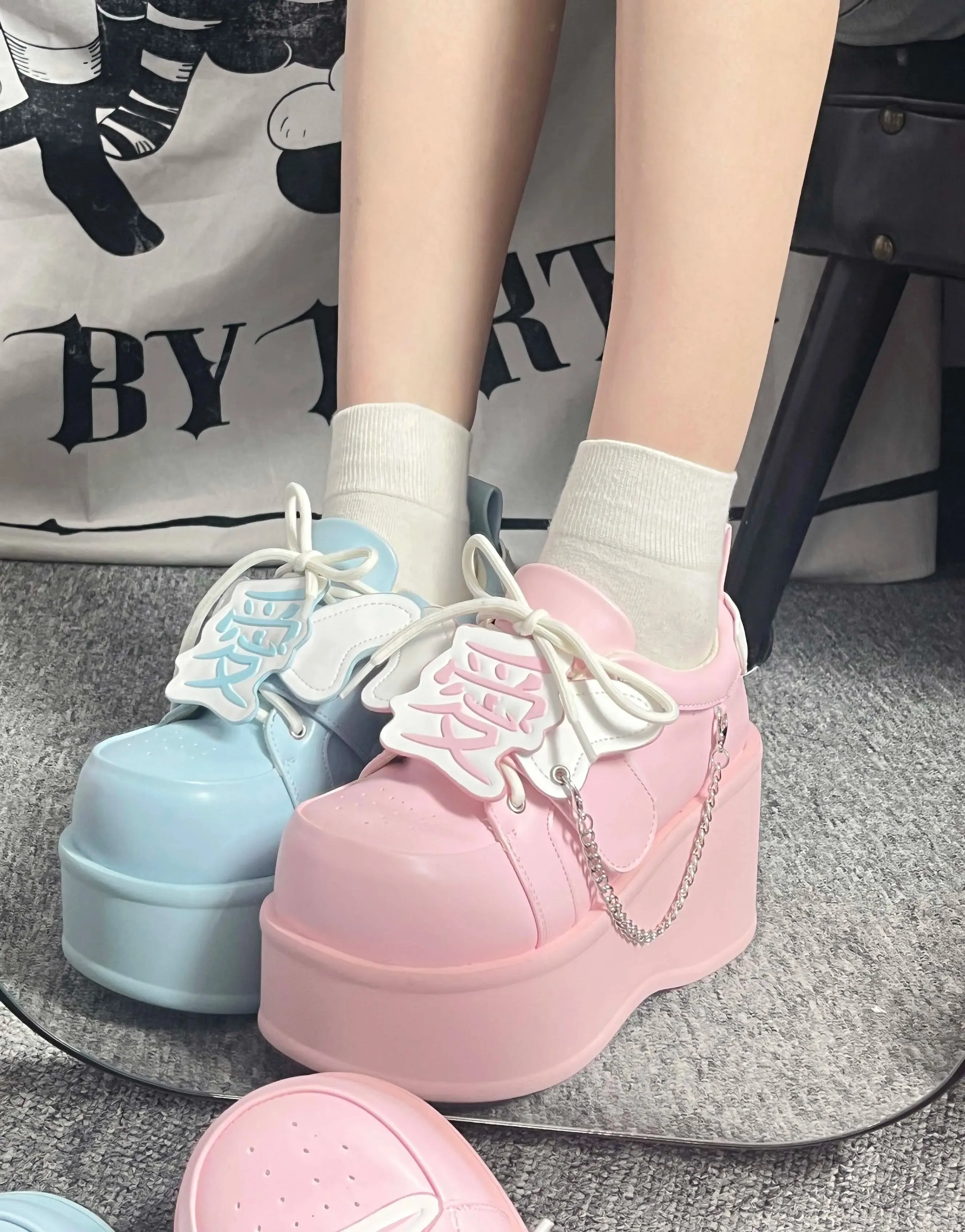 Sohiwoo Original Water Color System Pink Medical Department Sweet Cool Platform Shoes Girl Female Y2K Chunky Heel Leather Shoes Pumps